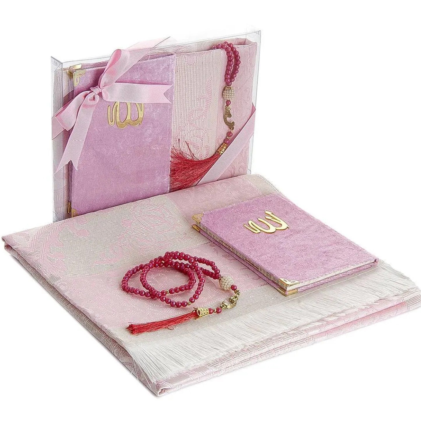 Geschenkbox mit Gebetsteppich (Seccade), Tesbih und Surenbuch – Muslimisches Geschenkset für Namaz, Salah und Gebet