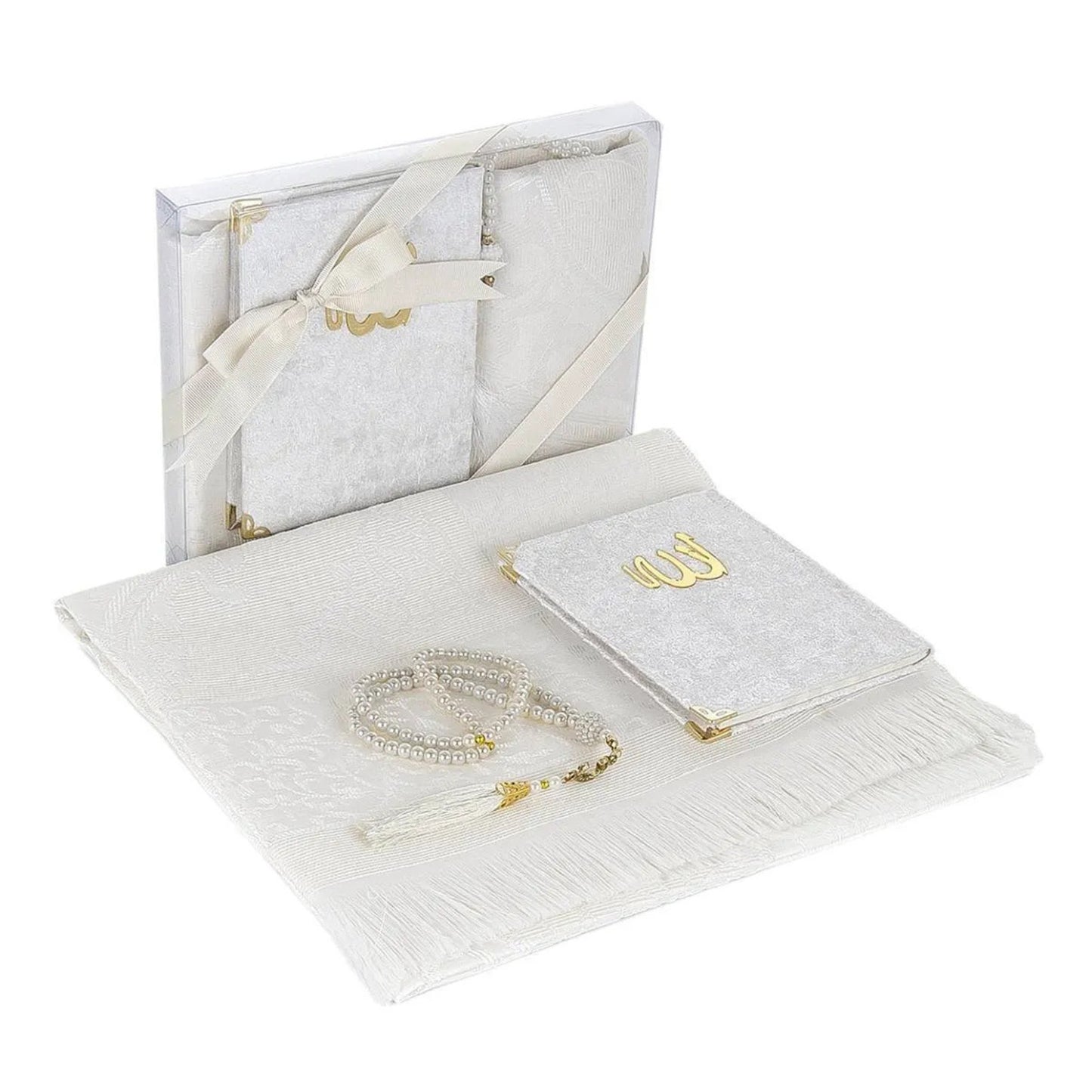 Geschenkbox mit Gebetsteppich (Seccade), Tesbih und Surenbuch – Muslimisches Geschenkset für Namaz, Salah und Gebet