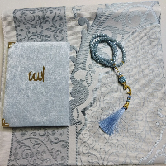 Geschenkbox mit Gebetsteppich (Seccade), Tesbih und Surenbuch – Muslimisches Geschenkset für Namaz, Salah und Gebet